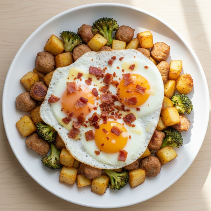 Crispy Bacon and Egg Potato Hash with Chicken Sausage