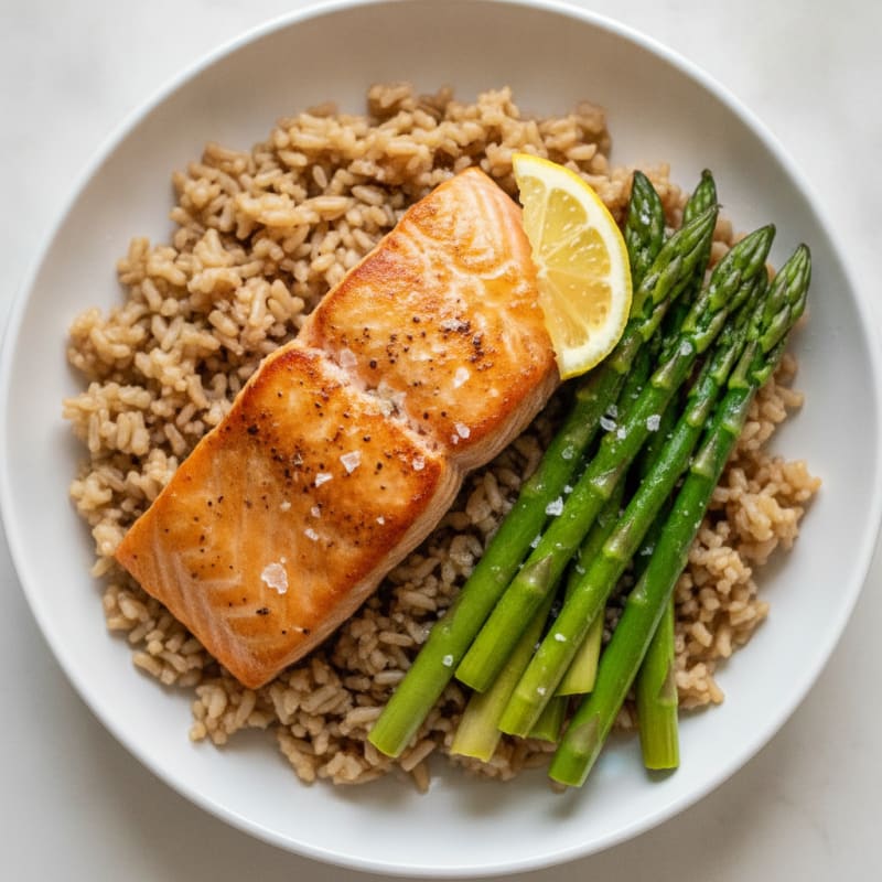 Seared Salmon with Steamed Asparagus and Brown Rice