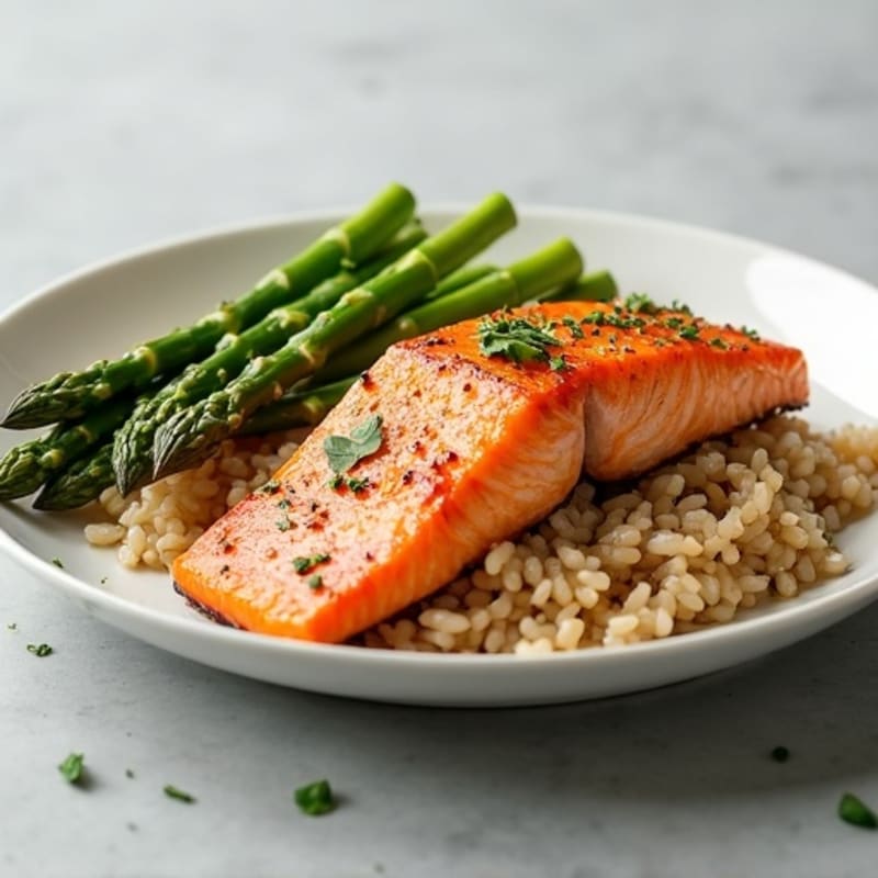 Seared Salmon with Steamed Asparagus and Brown Rice