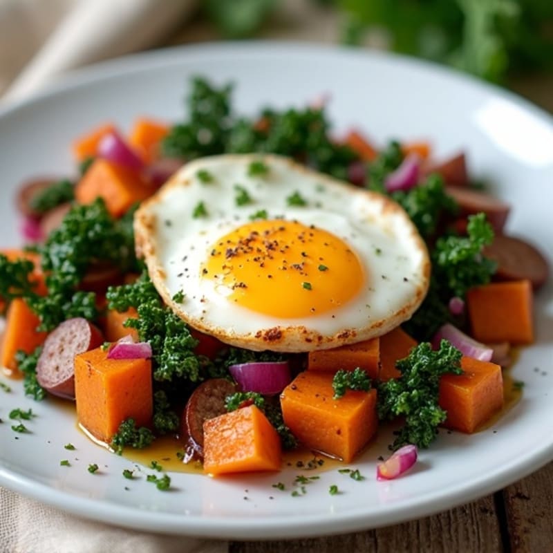 Sweet Potato and Turkey Sausage Hash with Crispy Kale