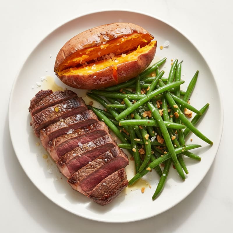 Seared Lean Beef Steak with Garlic Green Beans and Baked Sweet Potato