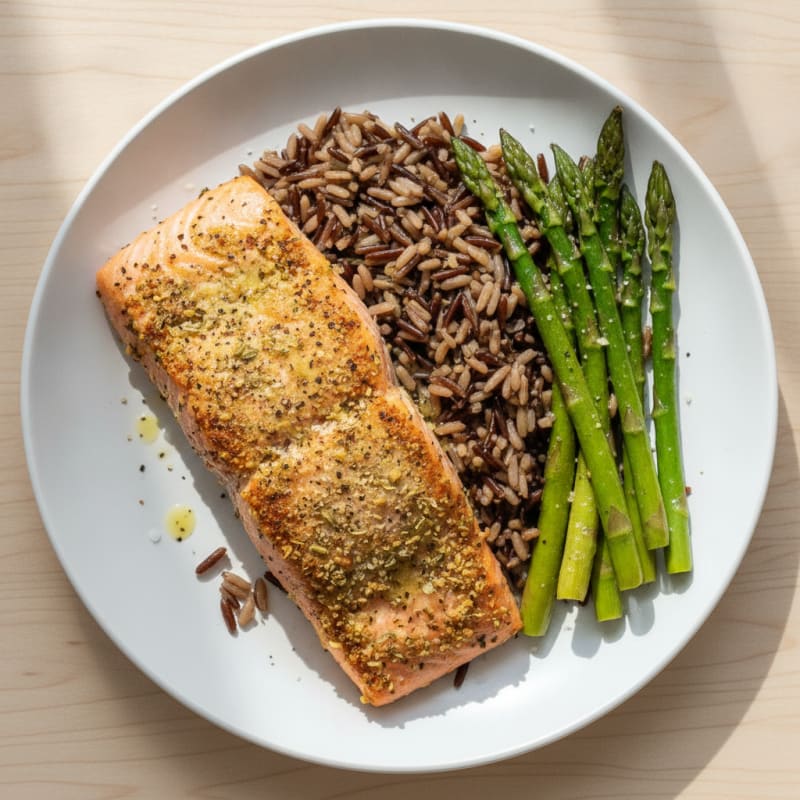Herb-Crusted Salmon with Roasted Asparagus and Wild Rice