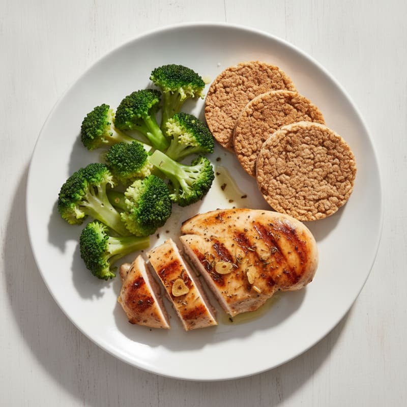 Grilled Chicken Breast with Steamed Broccoli and Rice Cakes