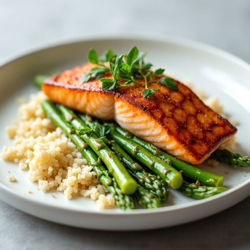 Seared Salmon with Steamed Asparagus and Cauliflower Rice