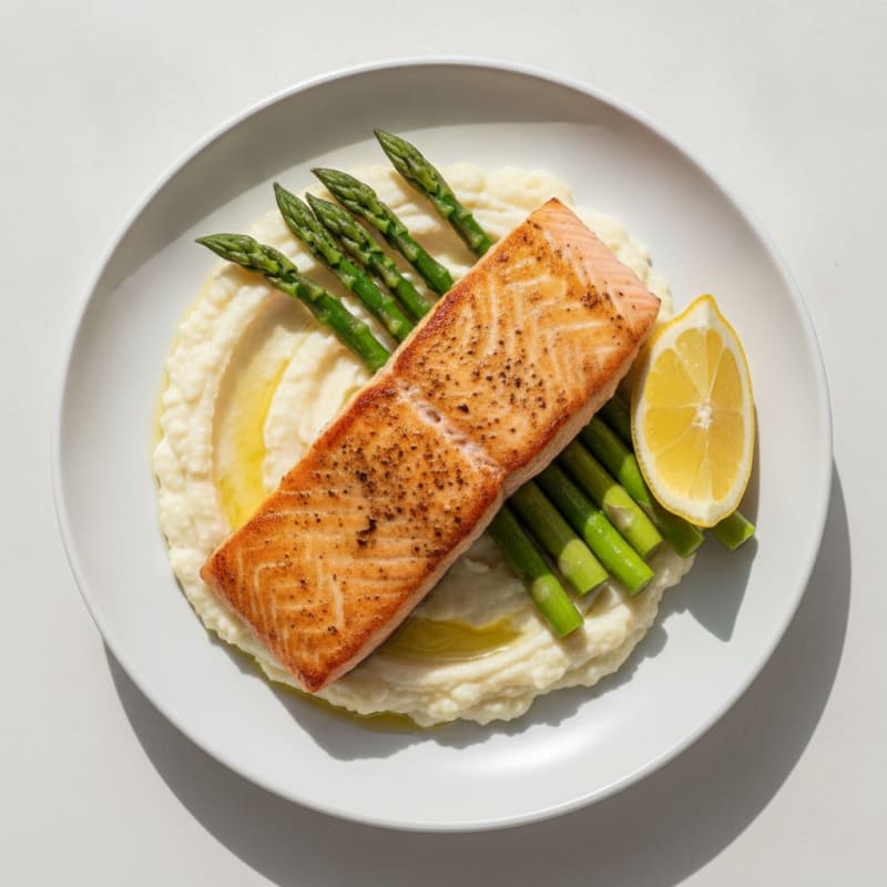 Seared Salmon with Steamed Asparagus and Cauliflower Mash