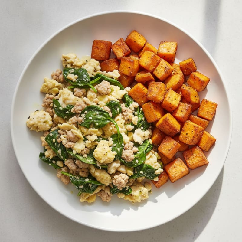 Egg White and Turkey Spinach Scramble with Roasted Sweet Potato