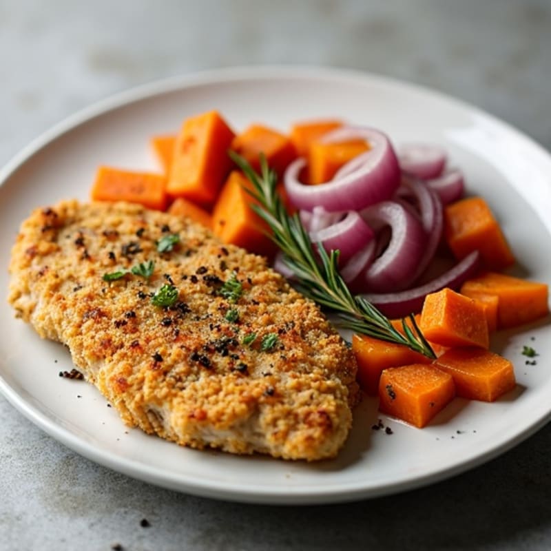 Crispy Herb-Crusted Chicken with Roasted Sweet Potatoes and Red Onion