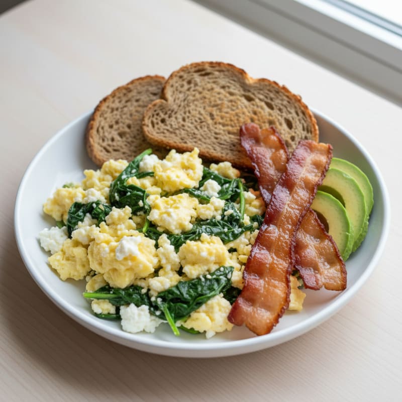 Cottage Cheese Scramble with Spinach and Turkey Bacon