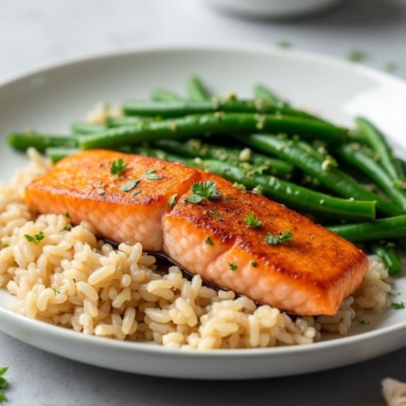 Seared Salmon with Garlic Green Beans and Brown Rice