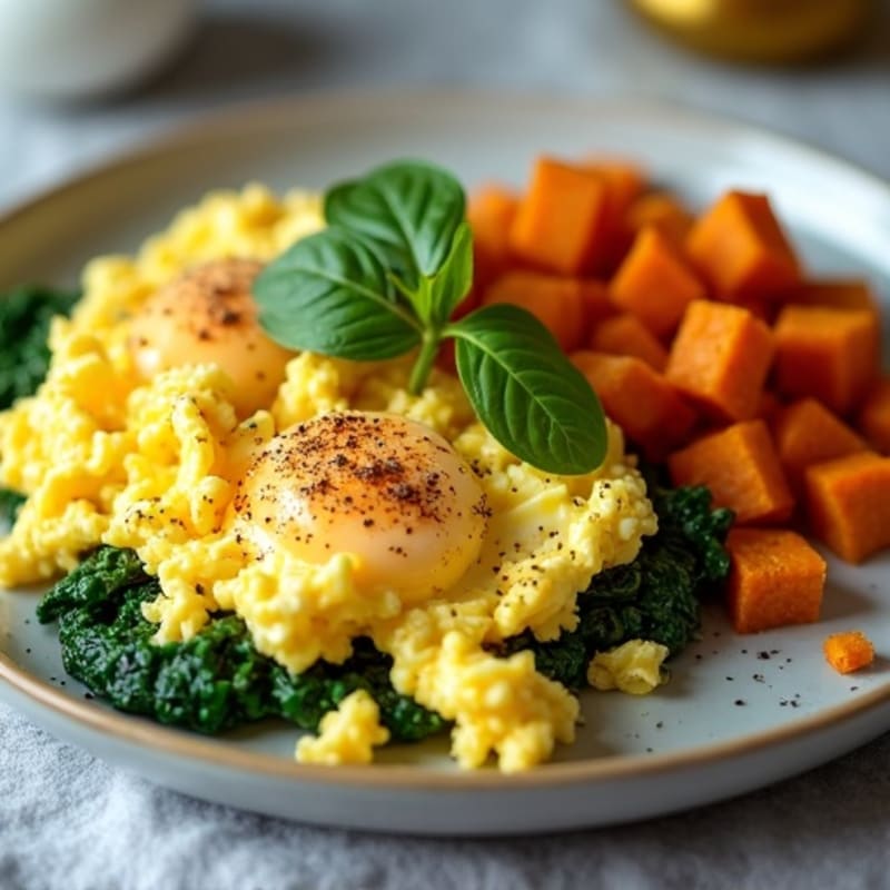 Fluffy Scrambled Eggs with Fresh Spinach and Crispy Sweet Potato Hash