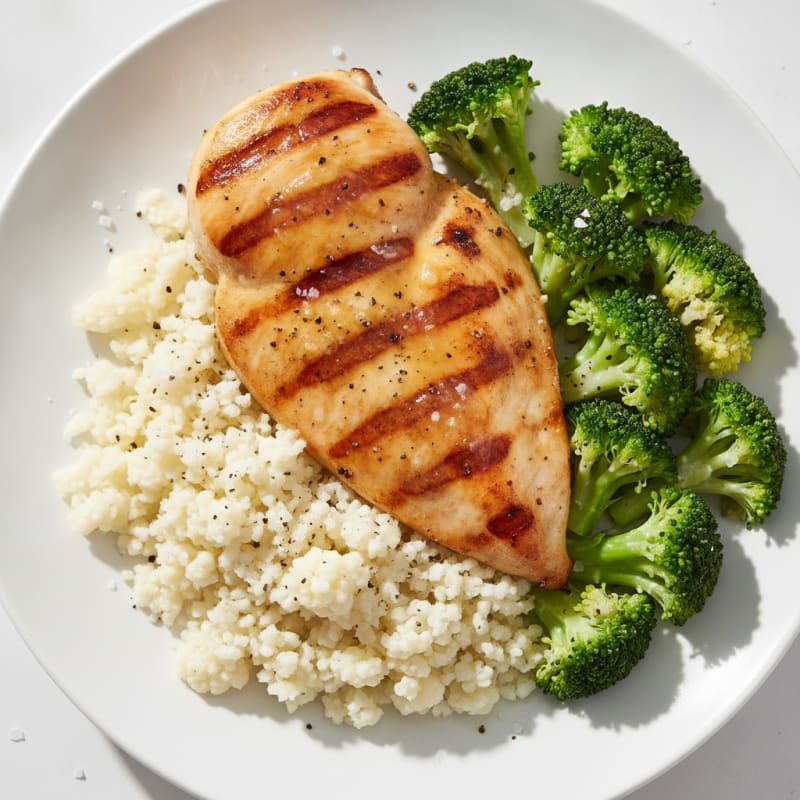 Grilled Chicken Breast with Steamed Broccoli and Cauliflower Rice