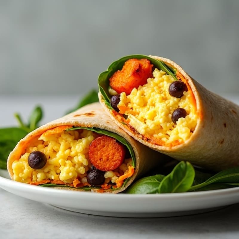High-Protein Scrambled Egg and Crispy Sweet Potato Breakfast Burrito
