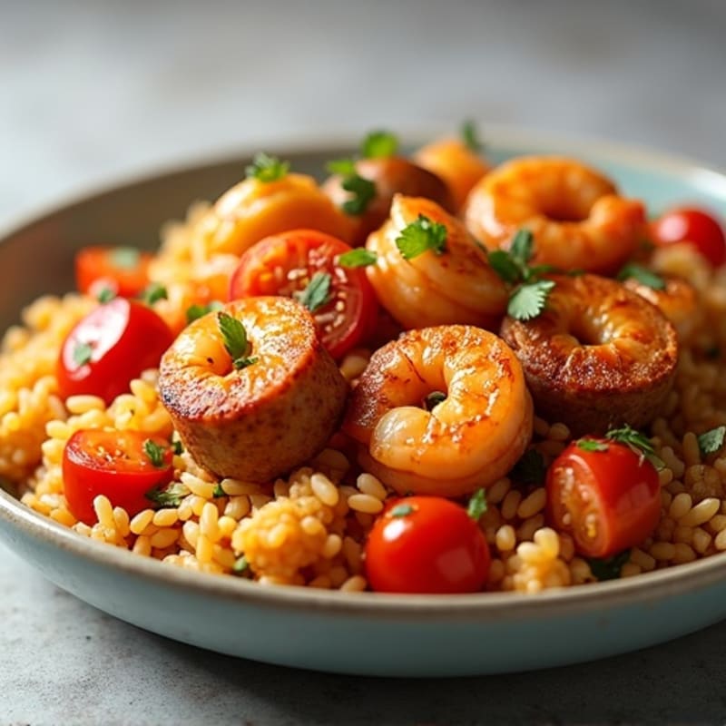 Spicy Chicken, Sausage, and Shrimp Rice Skillet