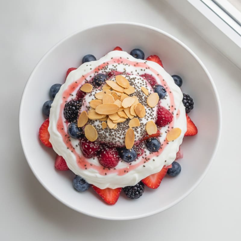 Greek Yogurt Protein Parfait with Mixed Berries and Chia Seeds