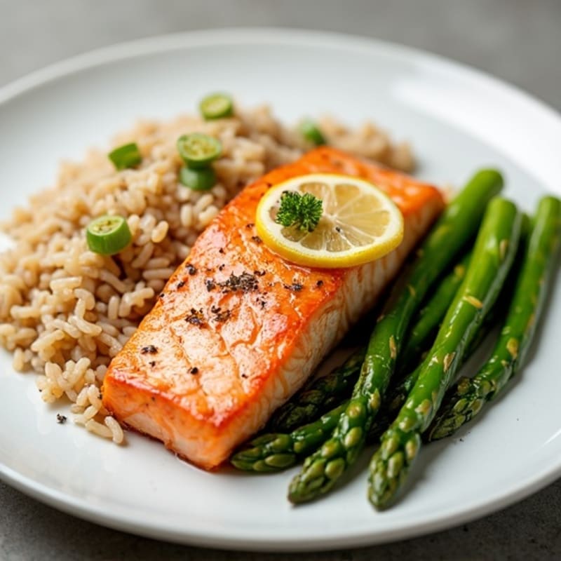 Seared Salmon Fillet with Steamed Asparagus and Brown Rice