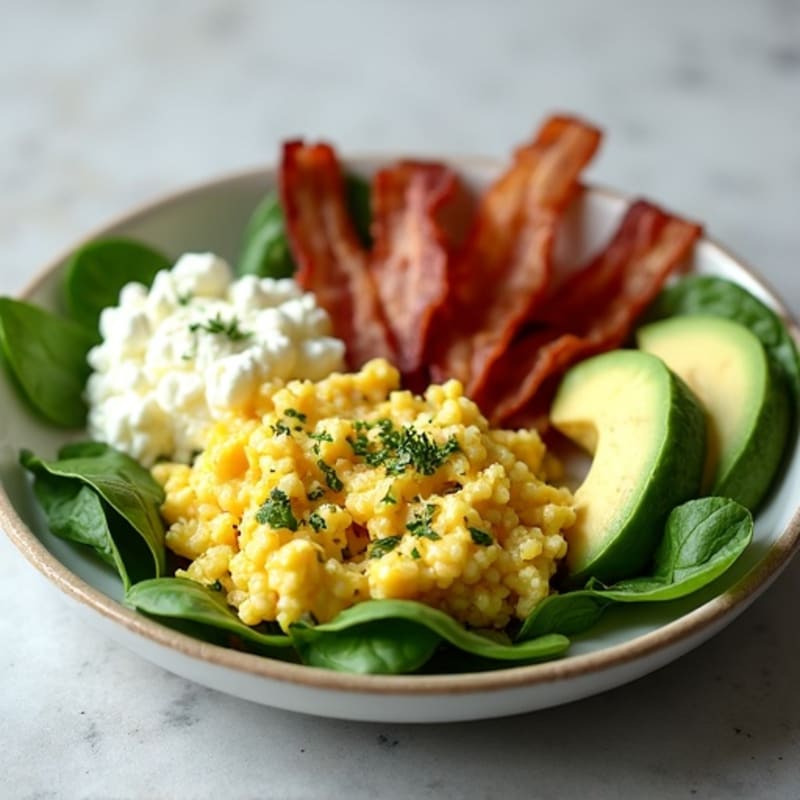 Egg White and Spinach Scramble with Cottage Cheese and Turkey Bacon