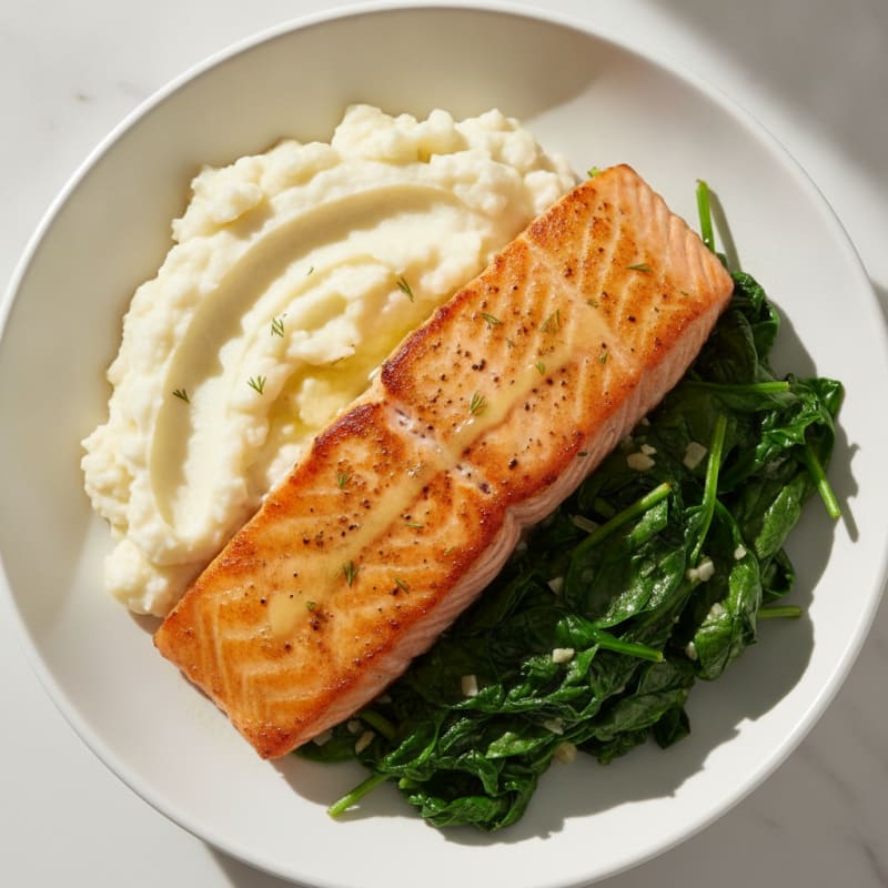 Seared Salmon with Garlic Spinach and Mashed Cauliflower
