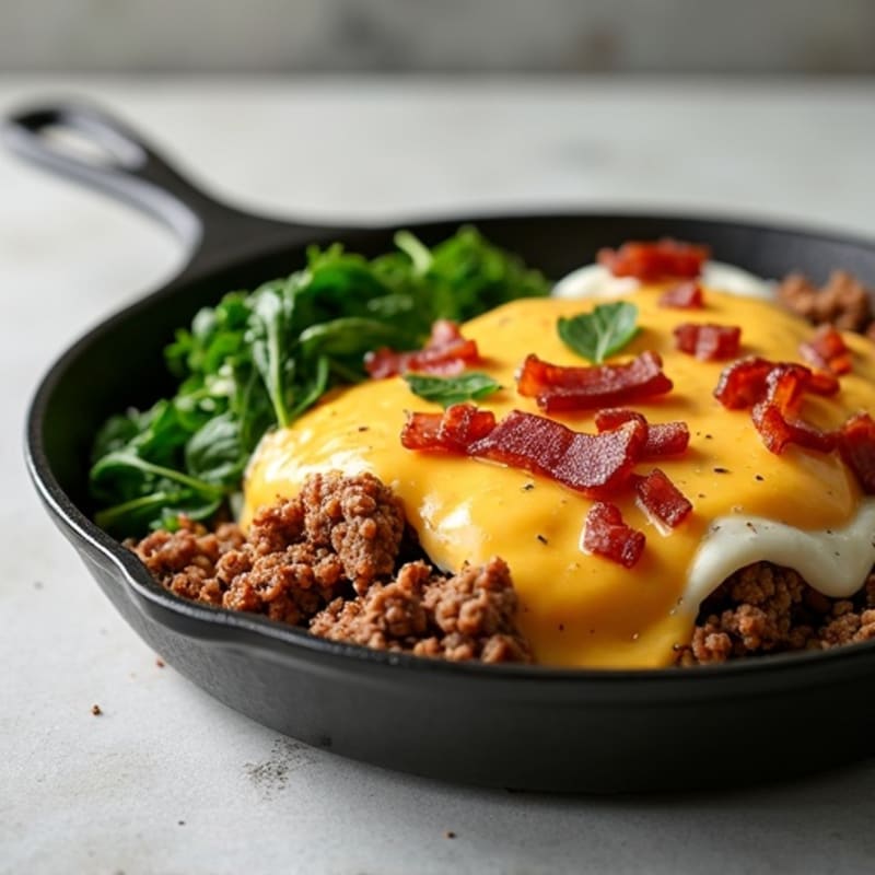 Loaded Ground Beef Skillet with Crispy Bacon, Creamy Cheese Sauce, and Sautéed Greens