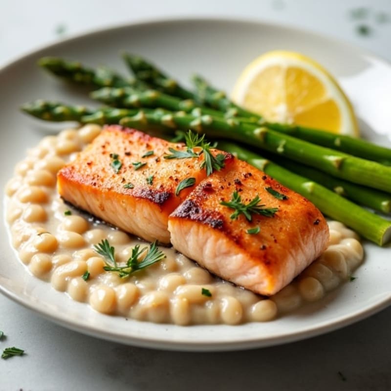 Seared Salmon with Creamy White Bean Mash and Steamed Asparagus