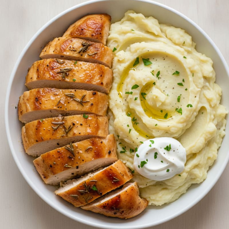 Buttery Garlic Mashed Potatoes with Herb-Roasted Chicken