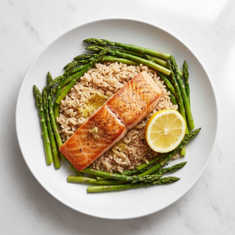 Seared Salmon Fillet with Steamed Asparagus and Brown Rice