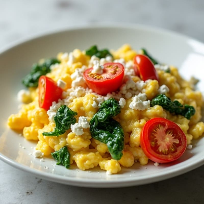 Creamy Scrambled Eggs with Sautéed Spinach and Cherry Tomatoes