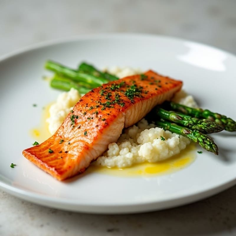 Seared Salmon with Steamed Asparagus and Cauliflower Mash