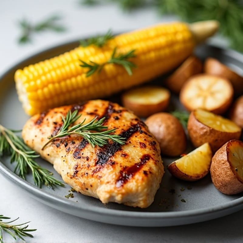 Herb-Garlic Grilled Chicken with Sweet Corn and Roasted Potatoes