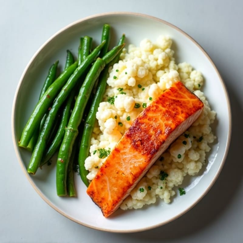 Seared Salmon with Steamed Green Beans and Garlic Mashed Cauliflower