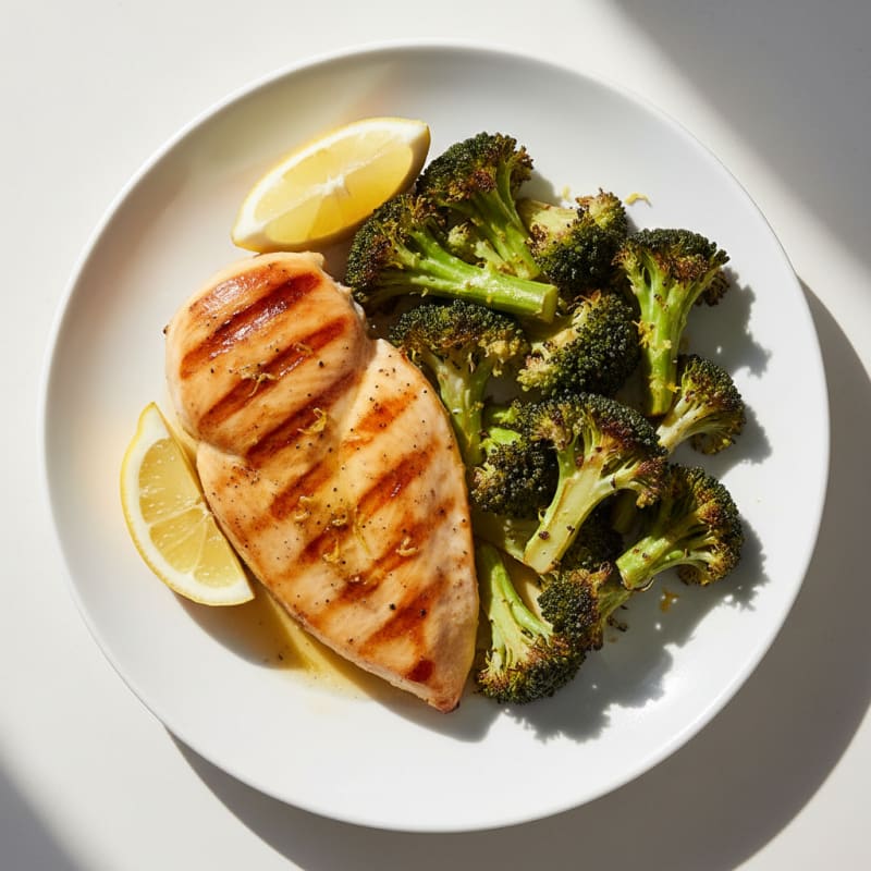Grilled Chicken Breast with Roasted Broccoli and Lemon