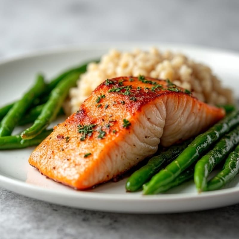 Seared Salmon Fillet with Garlic Green Beans and Brown Rice