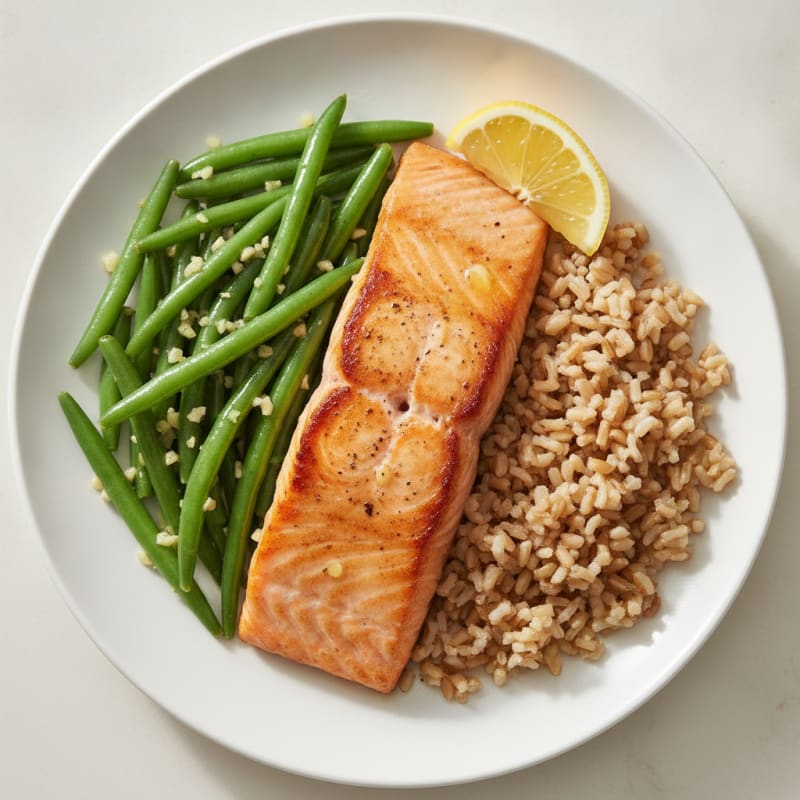 Seared Salmon Fillet with Garlic Green Beans and Brown Rice