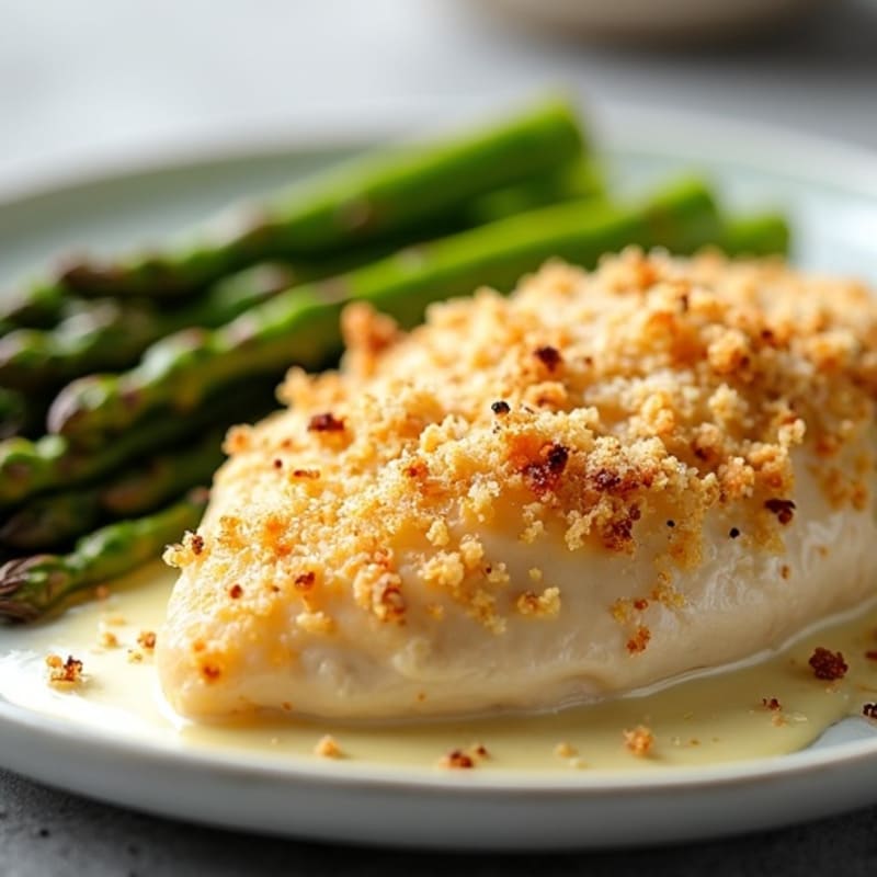 Creamy Baked Chicken with Crispy Parmesan Topping and Roasted Asparagus