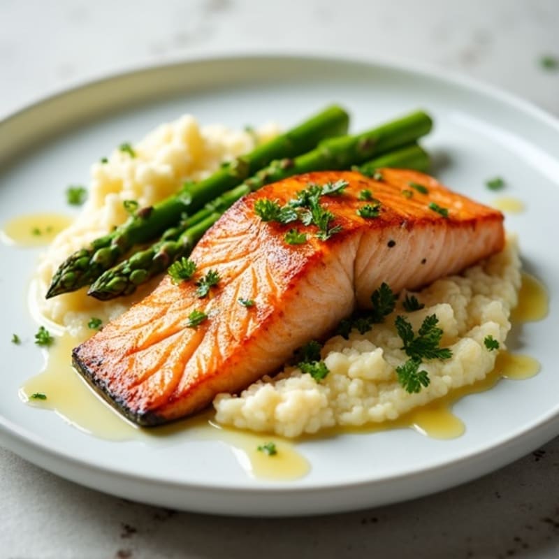 Seared Salmon with Steamed Asparagus and Cauliflower Mash