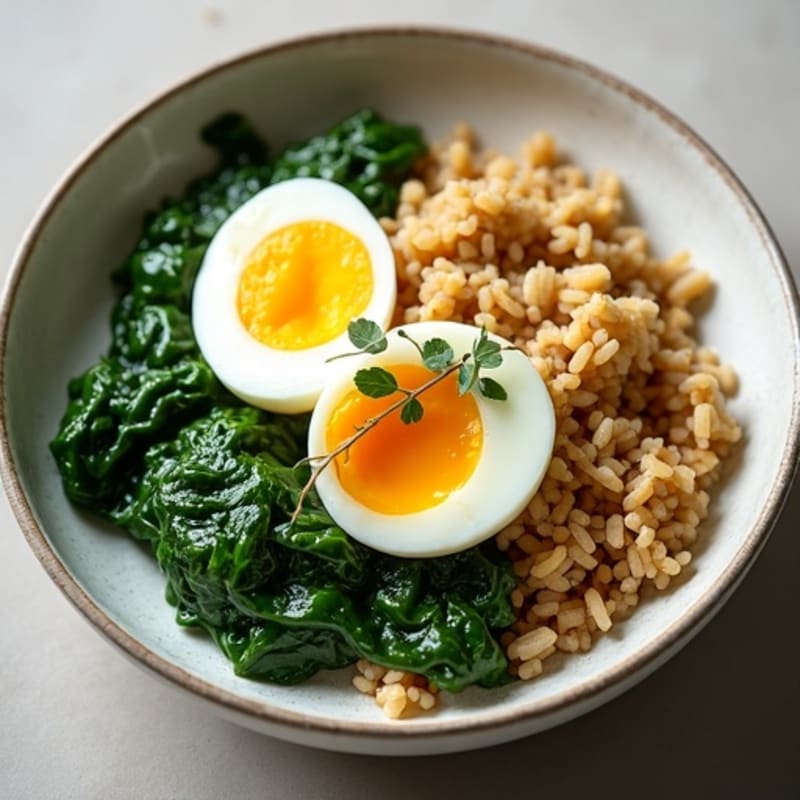 Ginger-Garlic Rice Bowl with Soft Eggs and Wilted Spinach Soup