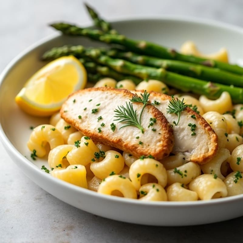Creamy Lemon Herb Chicken Pasta with Roasted Asparagus