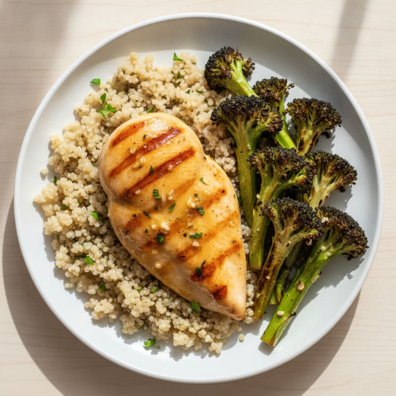Grilled Lemon-Garlic Chicken Breast with Quinoa and Roasted Broccoli
