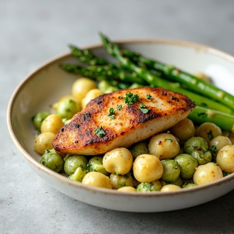 High-Protein Chicken and Cauliflower Gnocchi with Vibrant Pesto and Roasted Asparagus