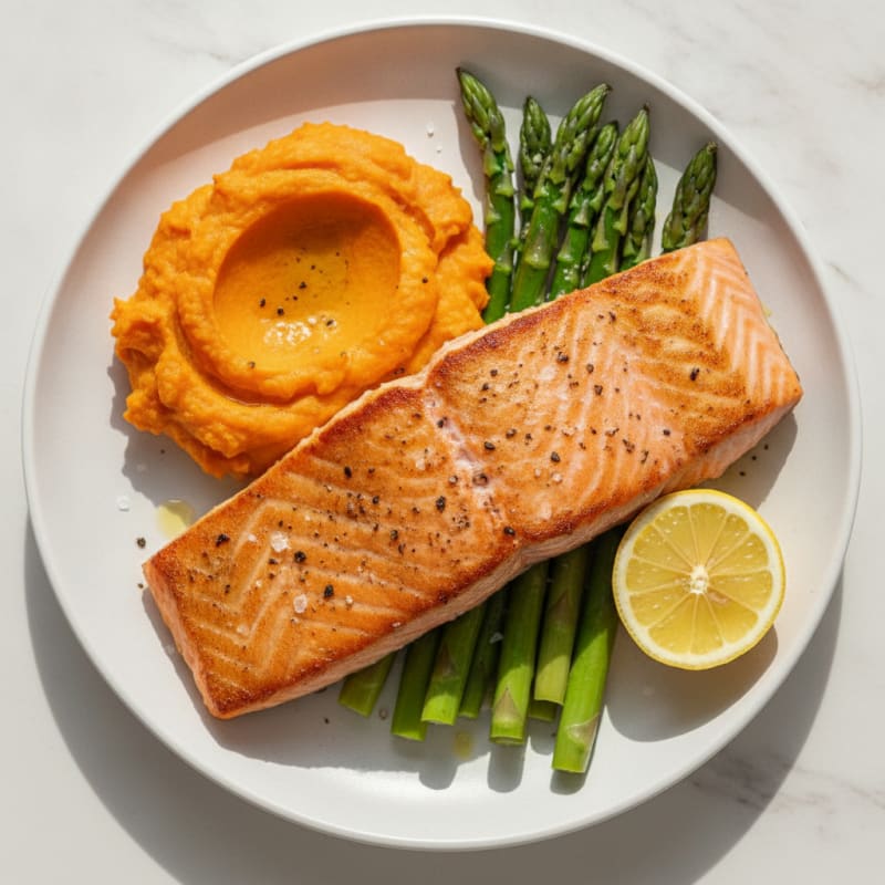 Seared Salmon with Steamed Asparagus and Mashed Sweet Potato