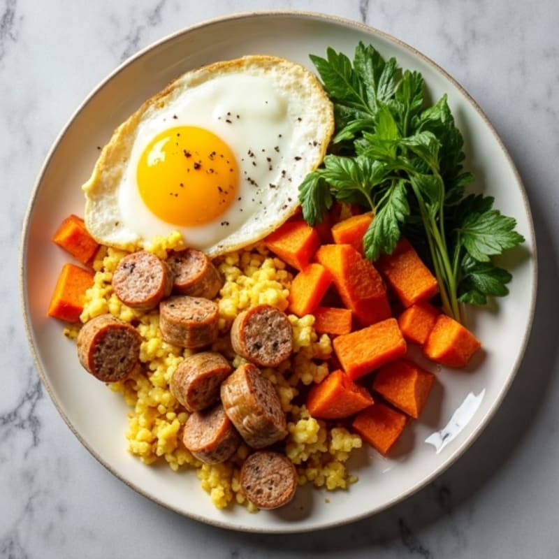 Savory Turkey Sausage and Egg Scramble with Roasted Sweet Potatoes