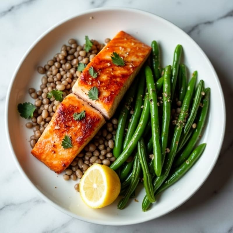 Seared Salmon Fillet with Garlic Green Beans and Lentils