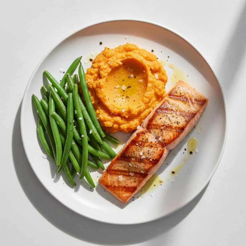 Seared Salmon with Steamed Green Beans and Mashed Sweet Potato
