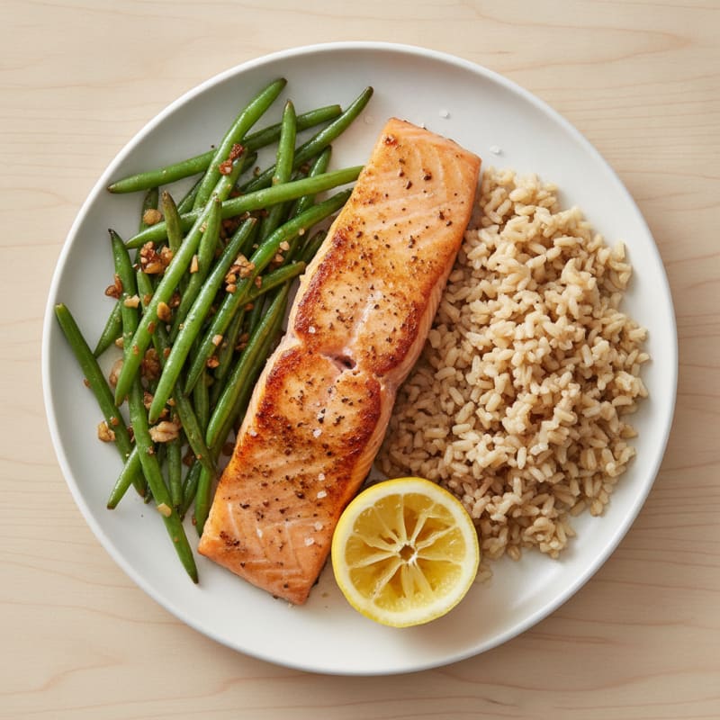 Seared Salmon with Garlic Green Beans and Brown Rice