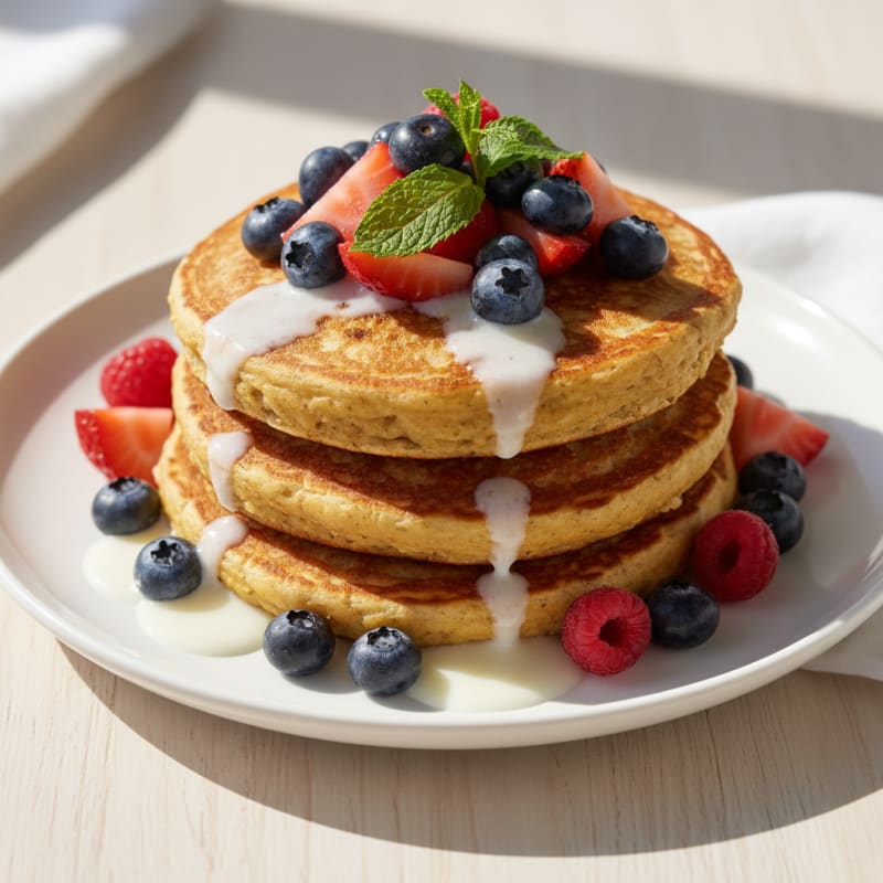 Fluffy Golden Protein Pancakes with Berries