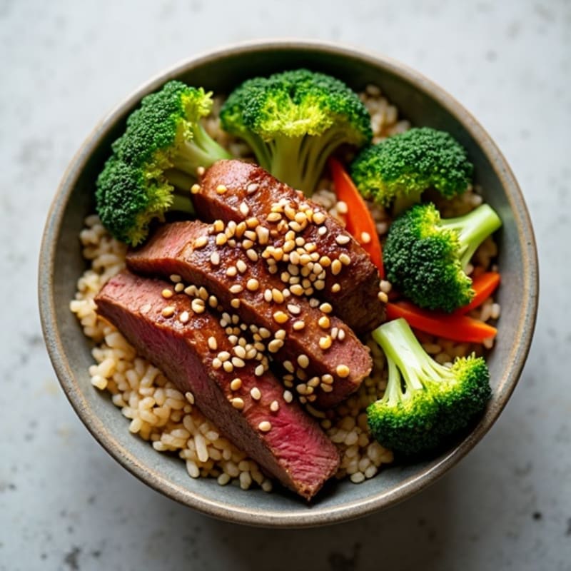 Tender Sesame Beef and Crisp Broccoli Rice Bowl