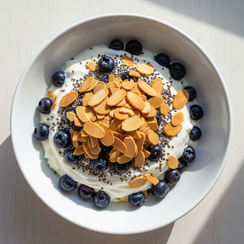 Greek Yogurt Parfait with Chia Seeds and Sliced Almonds