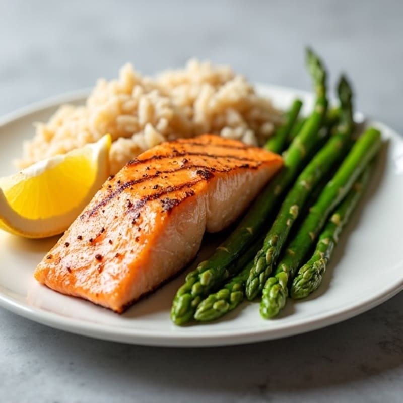 Seared Salmon Fillet with Steamed Asparagus and Brown Rice