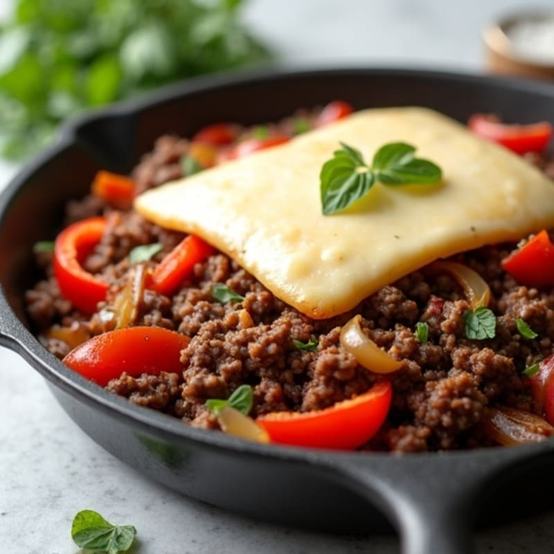 Lean Beef Skillet with Sautéed Peppers, Onions, and Creamy Provolone