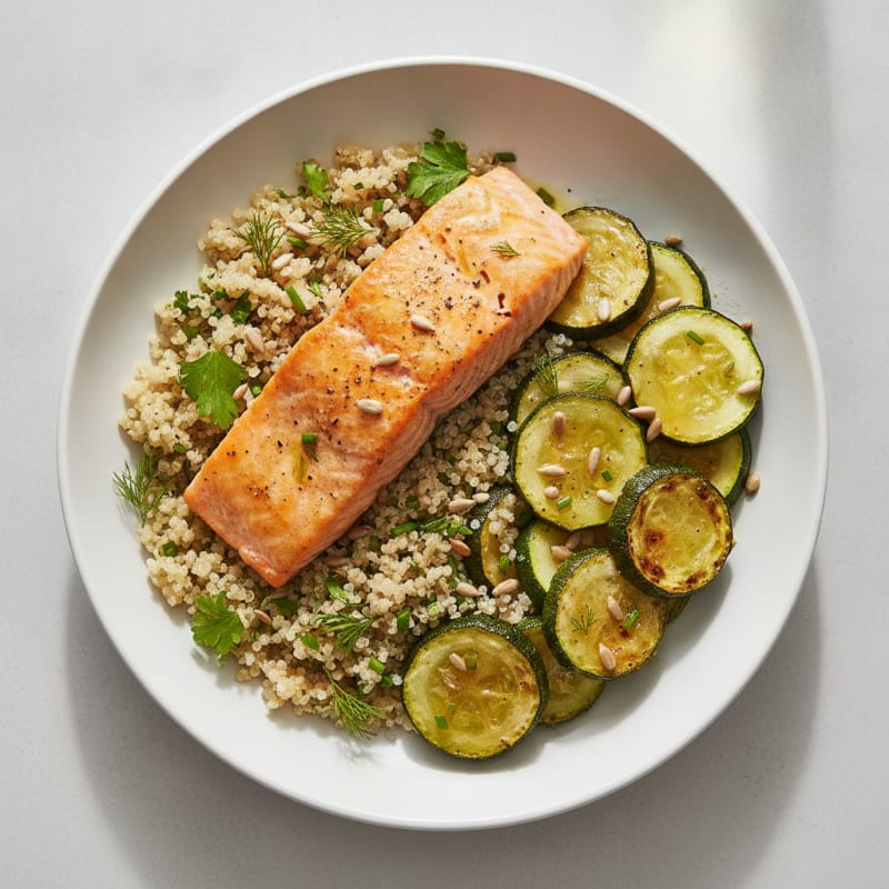Baked Salmon with Roasted Zucchini and Herbed Quinoa