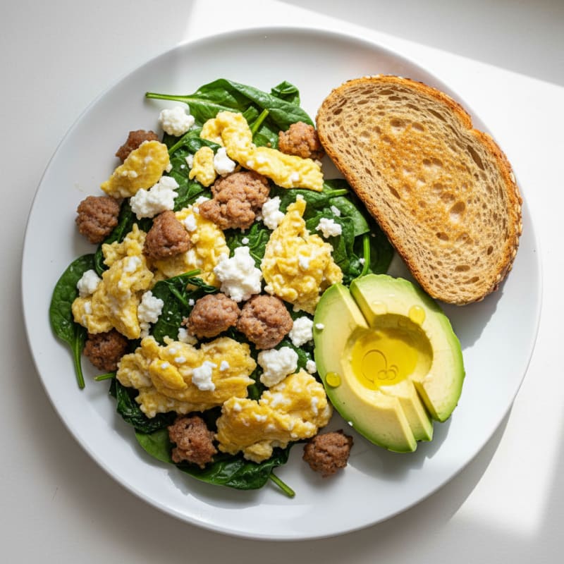 Cottage Cheese Scramble with Spinach and Turkey Sausage